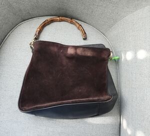 Gucci Brown and Black Suede Handbag with Bamboo Handle
